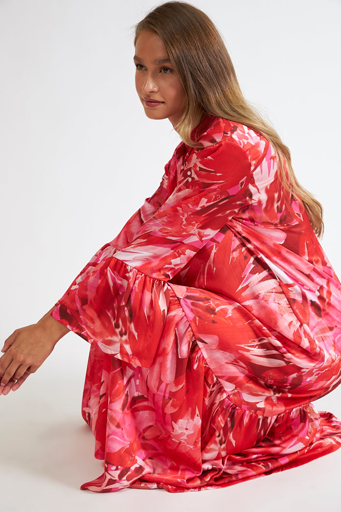 Harmony - Φόρεμα Εμπριμέ Red Peony Viscose Μακρύ Με Βολάν Και Κουμπιά