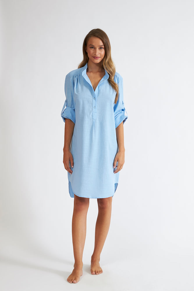 Harmony - Solid Linen Cotton Dress With Collar And Buttons Ciel
