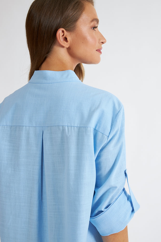 Harmony - Solid Linen Cotton Dress With Collar And Buttons Ciel