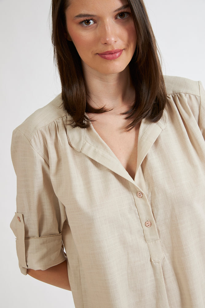 Harmony - Monochrome Linen Cotton Dress With Collar And Buttons Sand