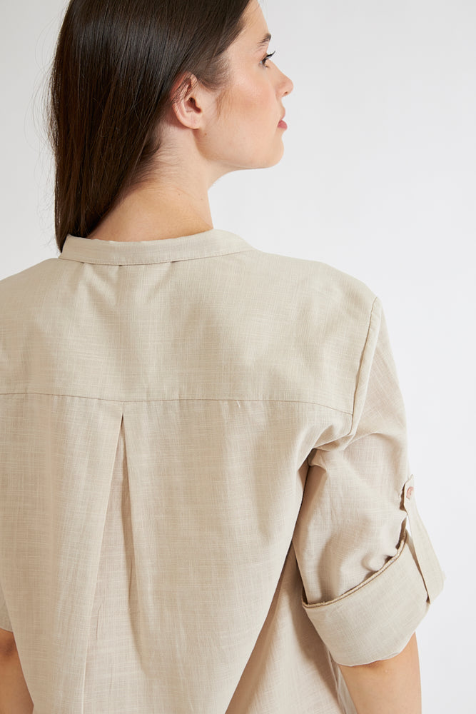 Harmony - Monochrome Linen Cotton Dress With Collar And Buttons Sand