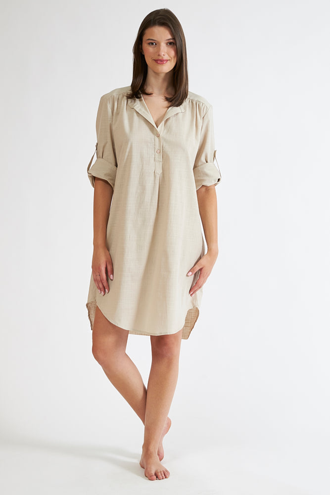 Harmony - Monochrome Linen Cotton Dress With Collar And Buttons Sand
