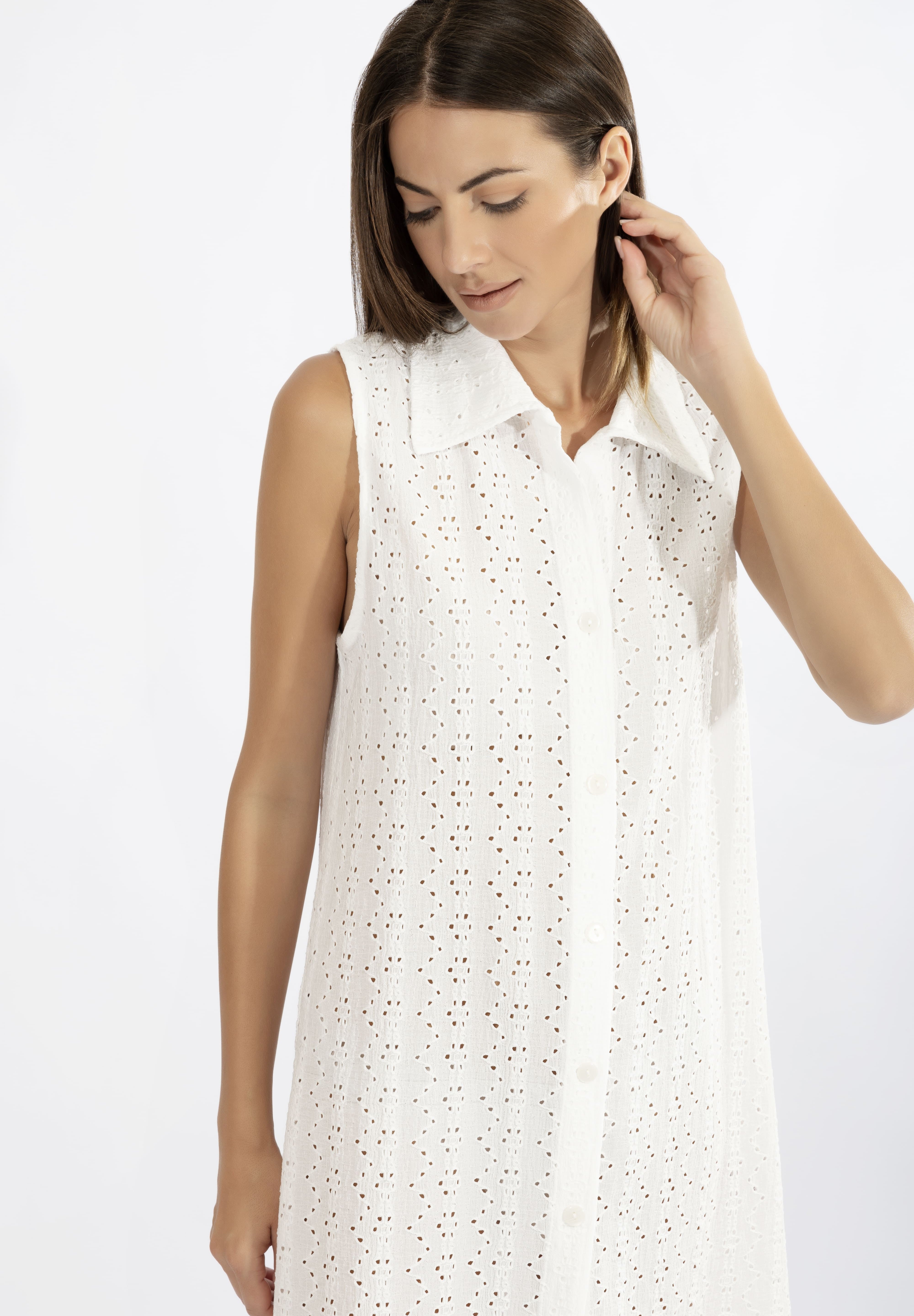 Harmony - White Sleeveless Broderie Dress With Collar