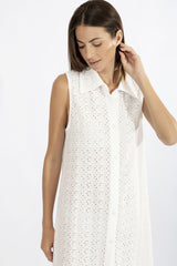 Harmony - White Sleeveless Broderie Dress With Collar