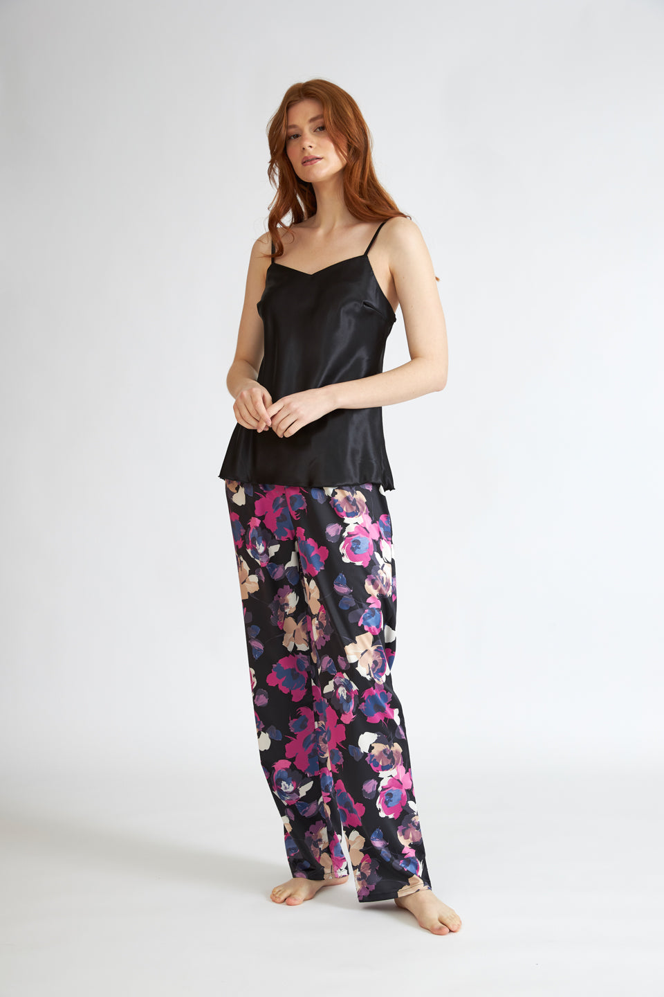 Harmony - Γυναικεία Πιτζάμα Σατέν Με Ράντα Και Floral Black Print Παντελόνι
