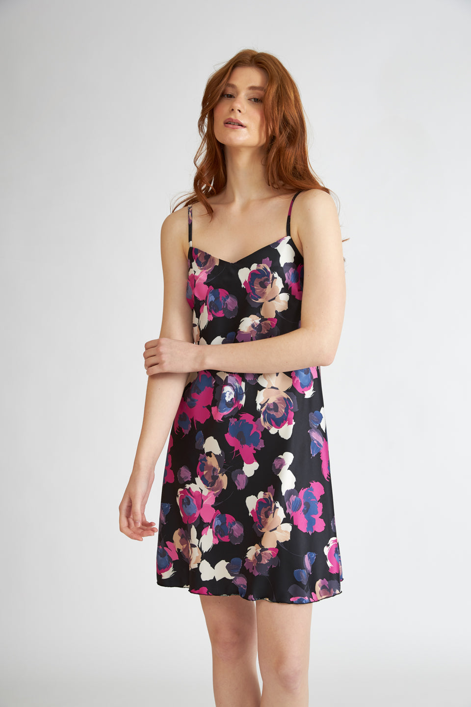 Harmony - Satin Floral Black Print Nightgown