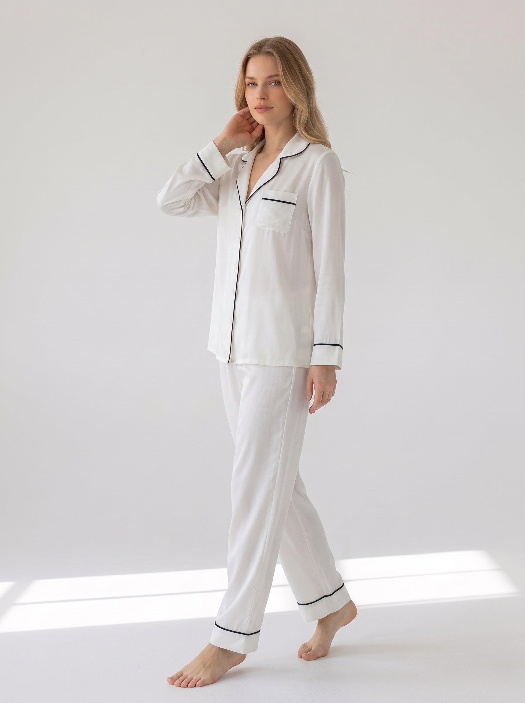 Harmony - Women's Satin-Texture Chemise Pajamas with Black Piping Off White
