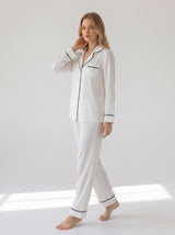 Harmony - Women's Satin-Texture Chemise Pajamas with Black Piping Off White
