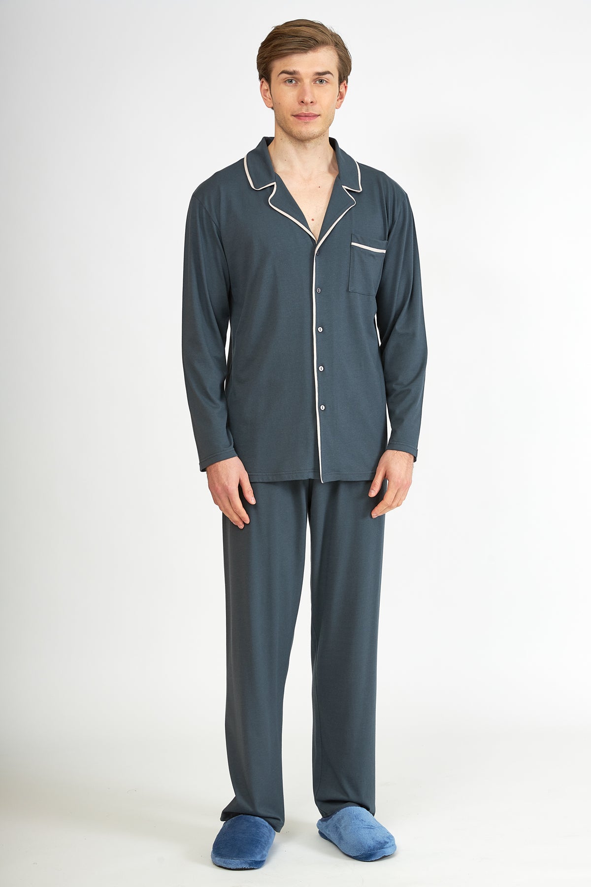 Harmony - Ανδρική Πιτζάμα Cotton Modal Σακάκι Μονόχρωμη Anthracite