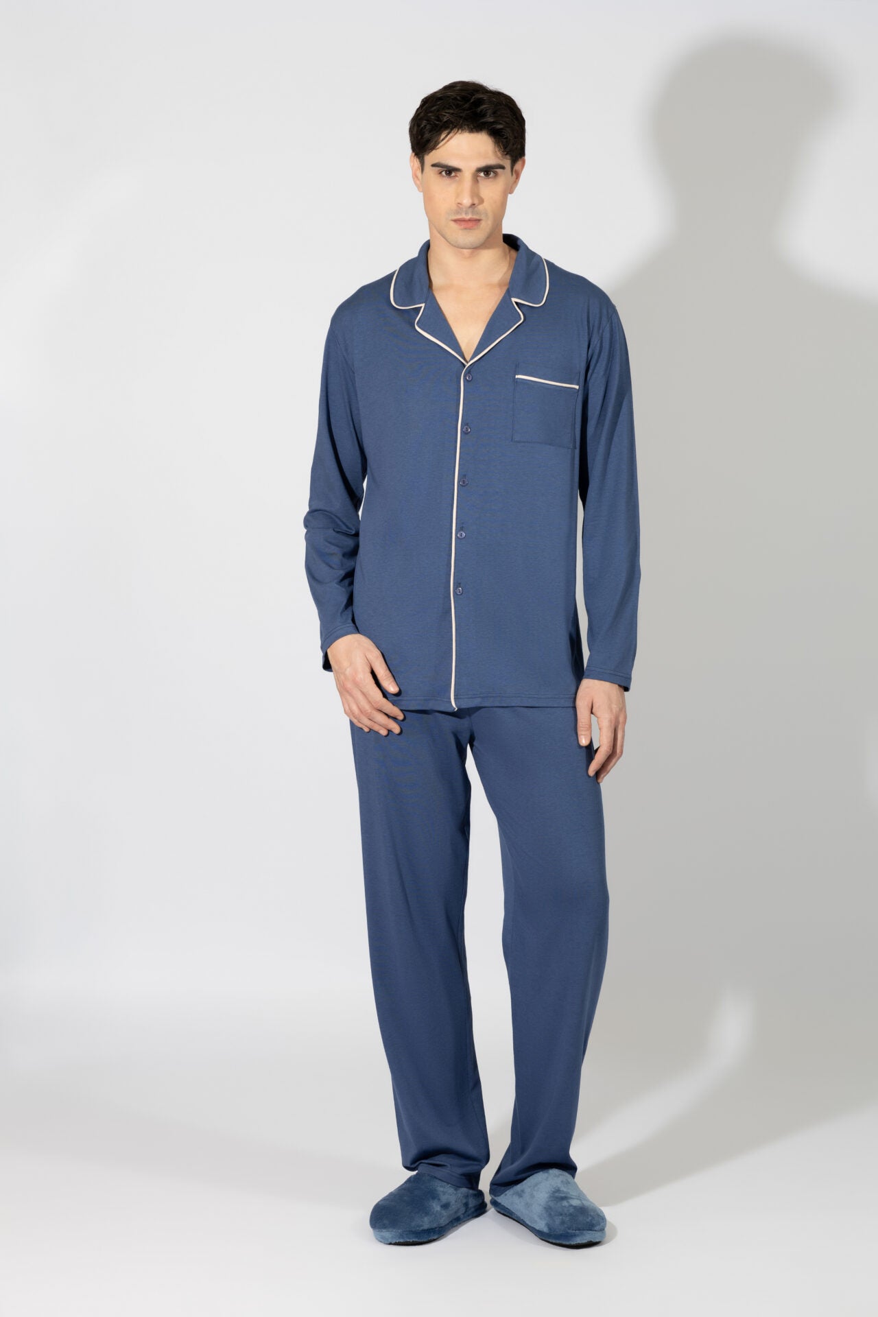 Harmony - Ανδρική Πιτζάμα Σακάκι Μονόχρωμη Cotton Modal  Blue