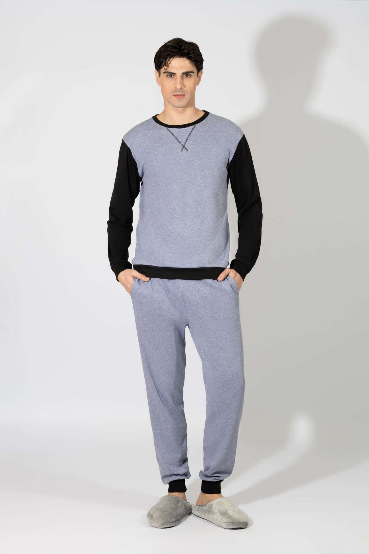 Harmony - Men's Two-Tone Pajamas with Elastic Waistband Cotton Anthracite/Black