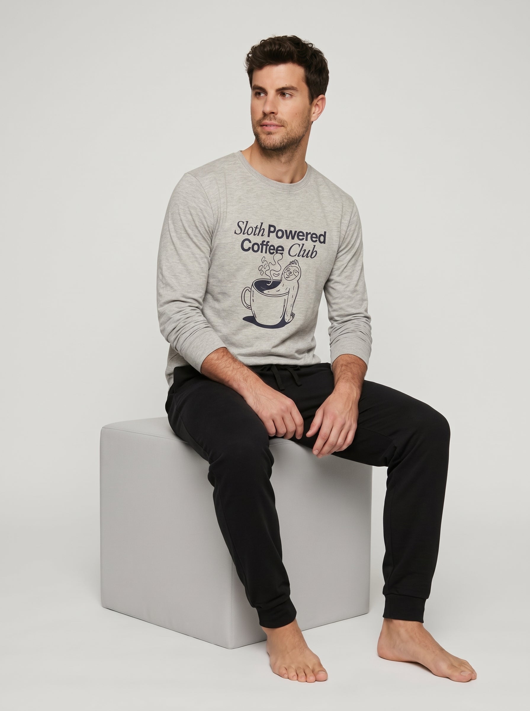 Harmony - Men's Cotton Pyjamas with Sloth Design Grey