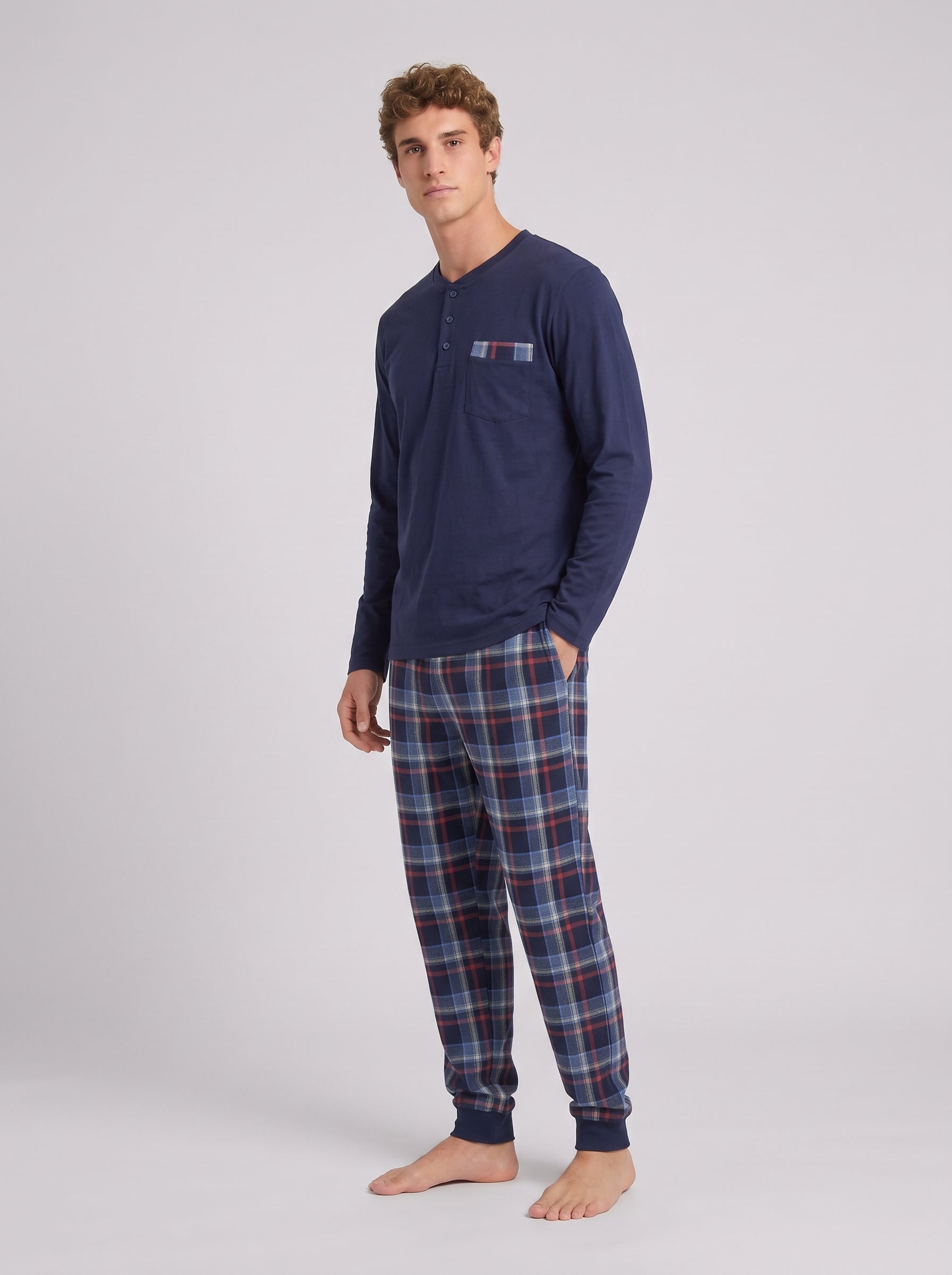 Harmony - Men's Cotton Pajamas with Button Placket & Navy Plaid Pants