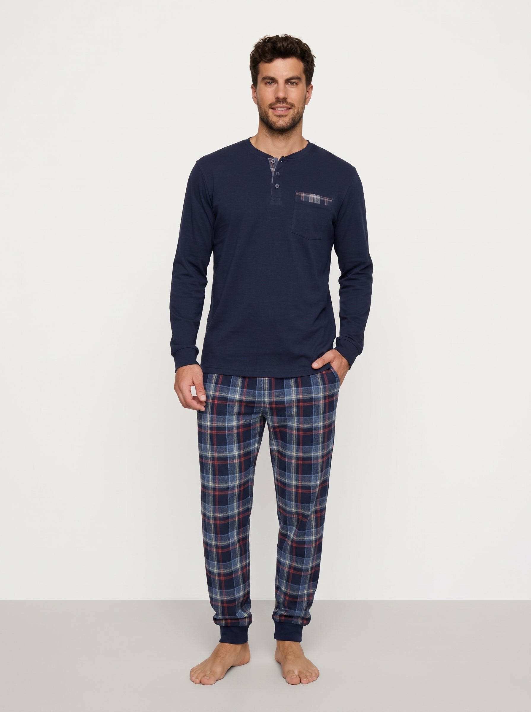 Harmony - Men's Cotton Pajamas with Button Placket & Navy Plaid Pants