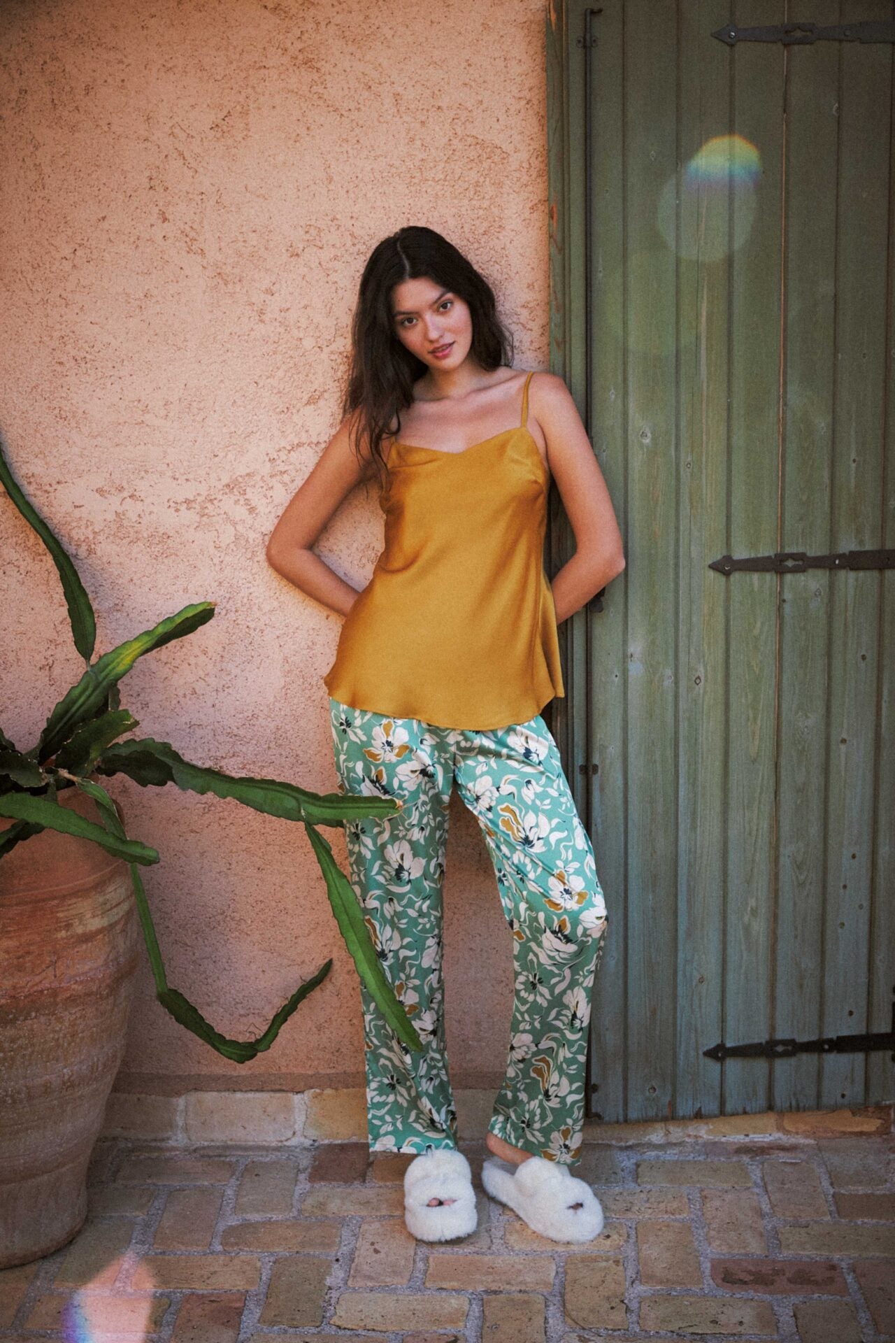 Harmony - Σατέν Πιτζάμα Με Ράντα Και Floral Παντελόνι  Gold/Mint